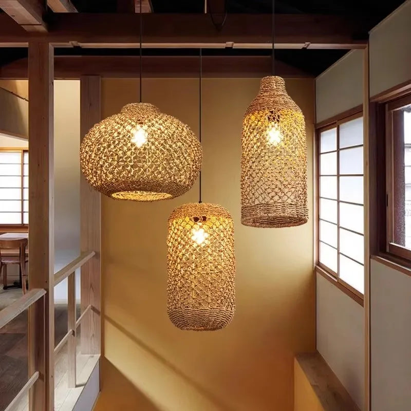 Hand-woven Natural Rattan Chandelier Pendant Light for Living Room Décor