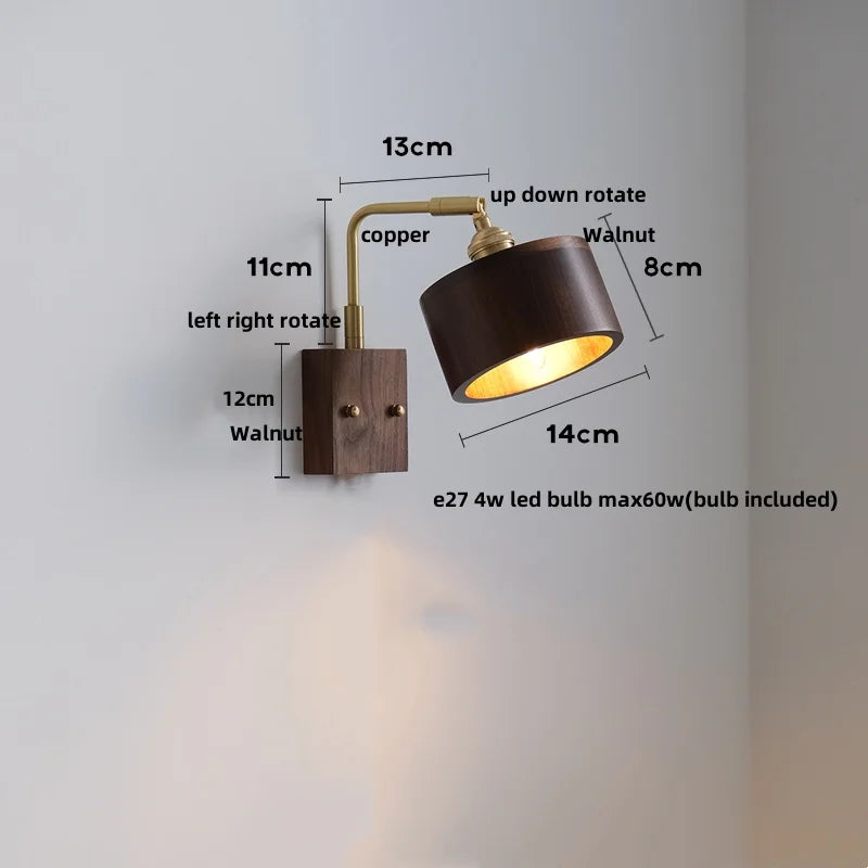 Walnut Wood LED Wall Lamp Sconce with Pull Chain Switch Rotation Mirror Light