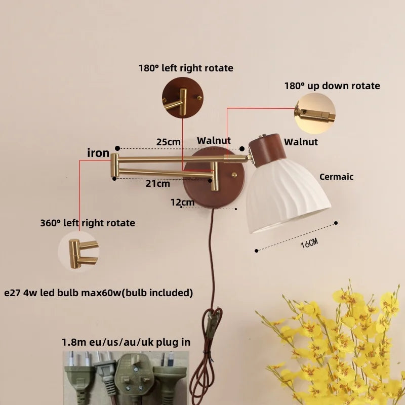 Walnut Wood LED Wall Sconce Pull Chain Switch Stair Light