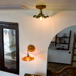 Green Glass LED Ceiling Lamp Nordic Wood Copper Ceiling Lights