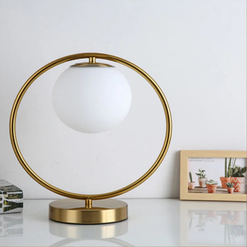 LED Brass Glass Table Lamp for Bedside Reading Desk - Modern Round Ring Design