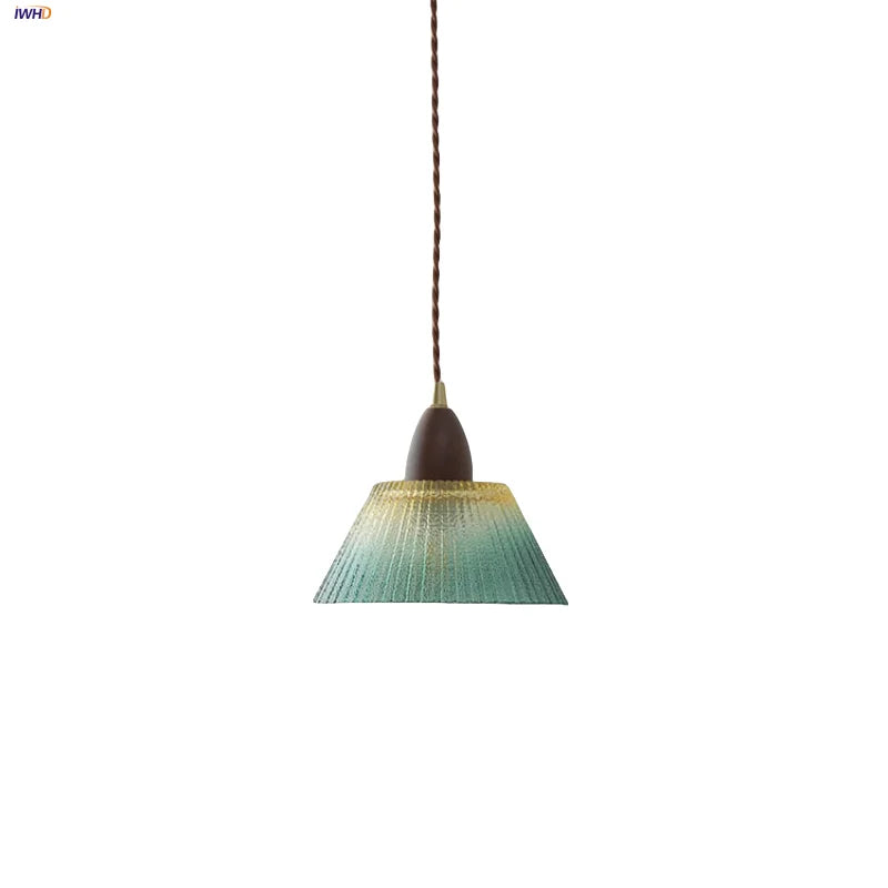 Walnut Wood LED Pendant Lamp Green Glass Modern Interior Hanging Light
