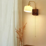 Ceramic LED Wall Sconce with Walnut Wood Pull Chain Switch - Nordic Style