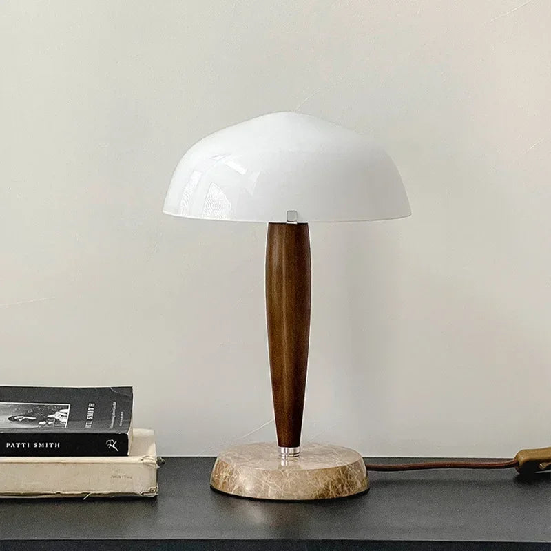 SHY3 Walnut Wood Desk Lamp Glass Shade Marble Base Table Light