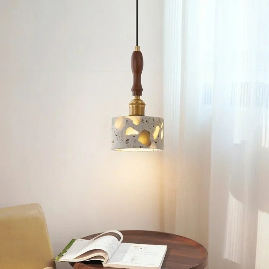 Afralia™ Terrazzo Stone LED Pendant Light with Wood Handle for Kitchen & Restaurant