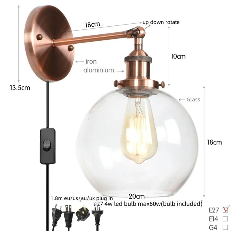 Afralia™ Glass Globe LED Wall Light Fixture Single Arm Bedside Lamp Vintage Industrial Style