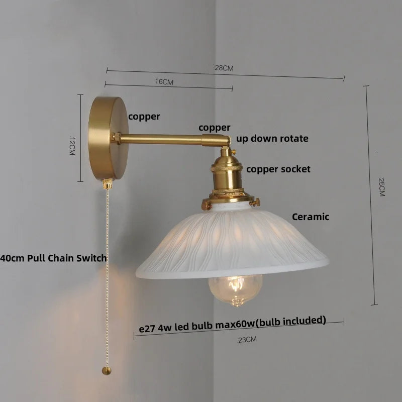 Nordic LED Wall Light Fixture Pull Chain Switch Brass Bedside Lamp