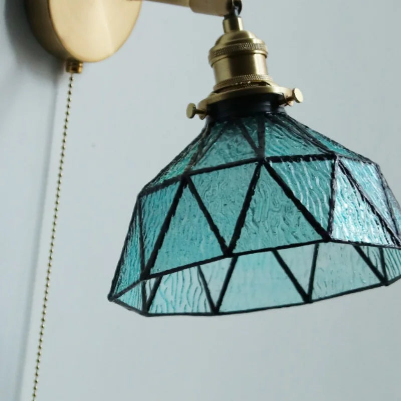Tiffany Blue Glass LED Wall Sconce Rotate Copper Pull Chain Switch Light Fixtures