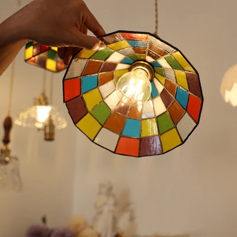 Walnut Wood LED Pendant Light Fixture with Colorful Glass Hang Lamp