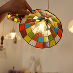 Walnut Wood LED Pendant Light Fixture with Colorful Glass Hang Lamp