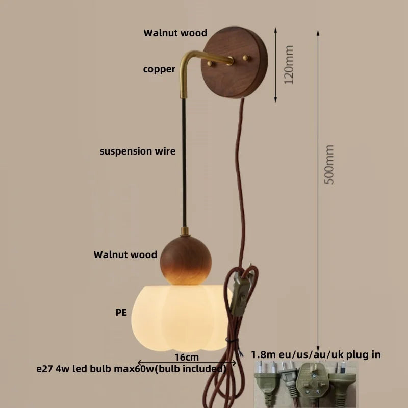 Walnut Wood LED Wall Sconce with Pull Chain Switch for Home Lighting