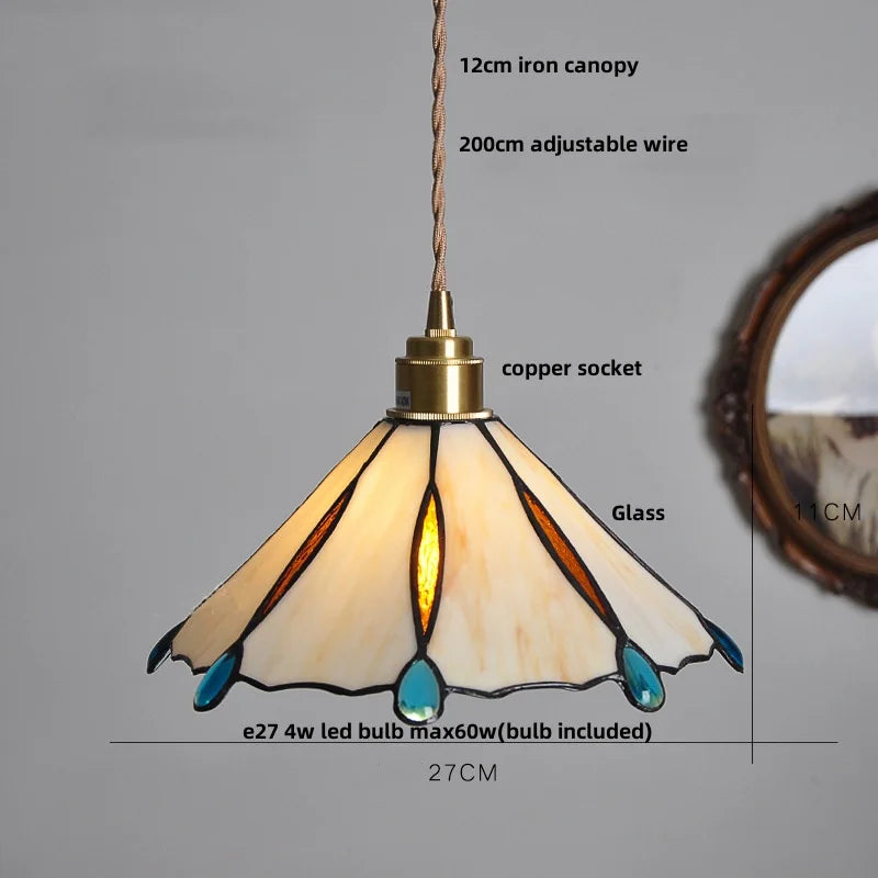 Afralia™ Walnut Wood LED Pendant Lights Tiffany Glass Hanging Lamp