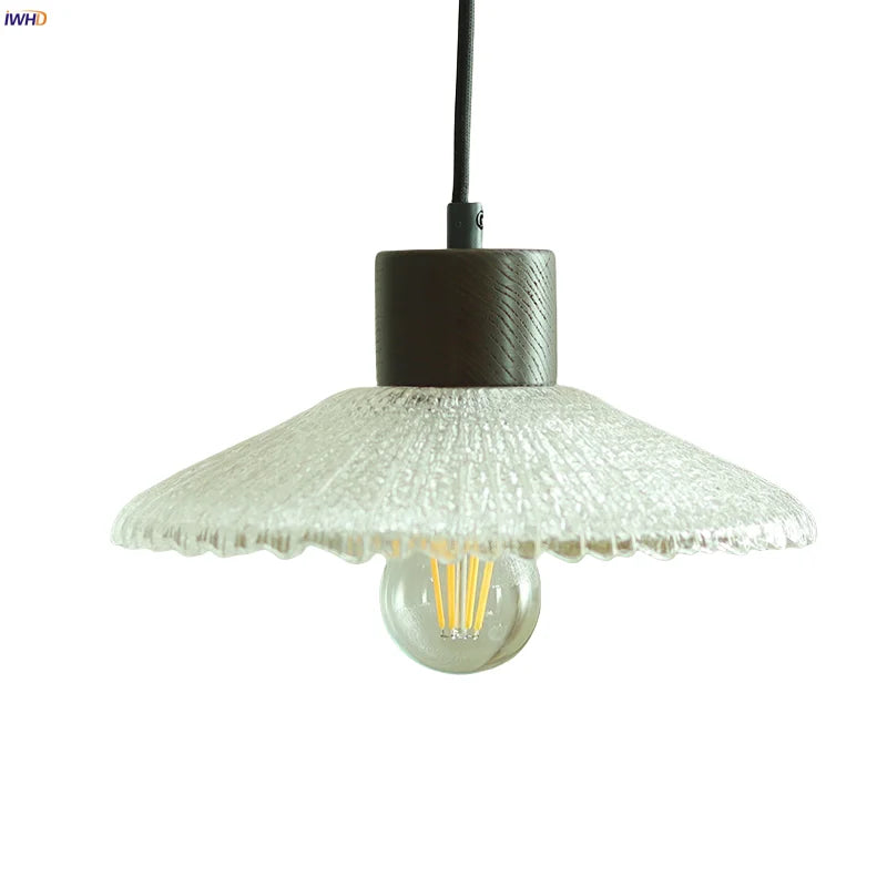 Clear Glass LED Pendant Light Fixture Wood Hanging Lamp