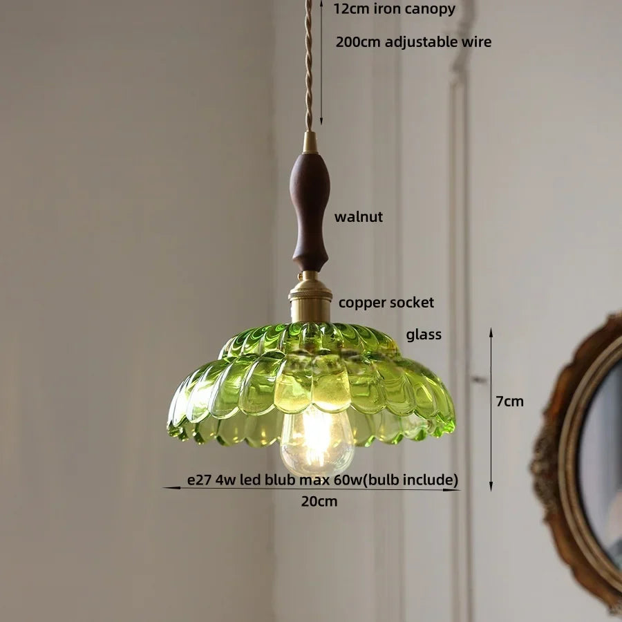 Afralia™ LED Pendant Lamp with Adjustable Wire, Copper Socket, Walnut Wood, Green Glass