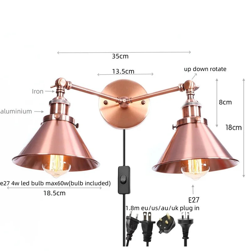 Loft Plug In LED Wall Lights 2 Heads Industrial Aplique Pared