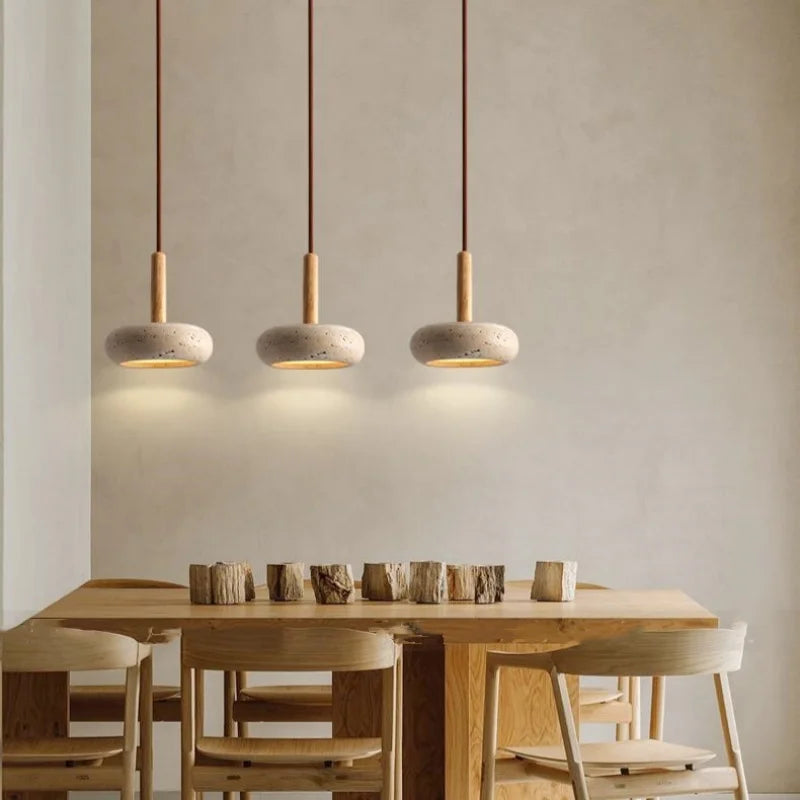 Wood Nordic LED Hanging Pendant Light Yellow Travertine Modern Balcony Bedroom Restaurant