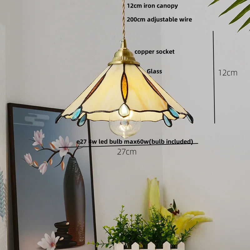 Afralia™ Walnut Wood LED Pendant Lights Tiffany Glass Hanging Lamp