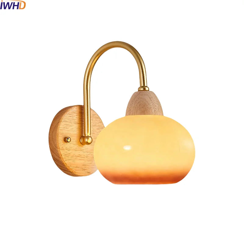 LED Glass Iron Wood Wall Light Fixture Modern Nordic Bedside Lamp