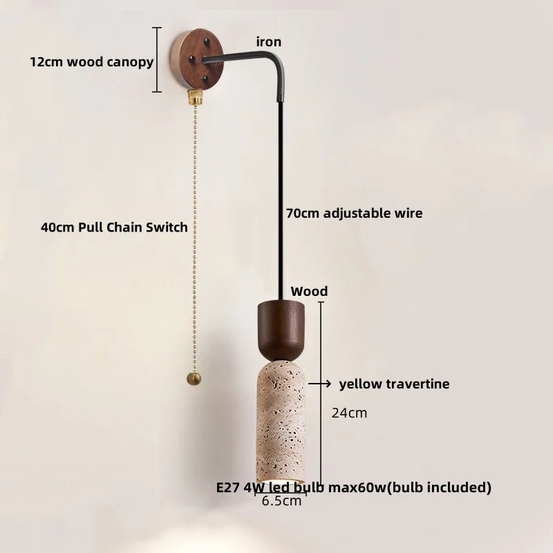 Wood LED Wall Lamp Yellow Travertine Pull Chain Switch Modern Nordic Style