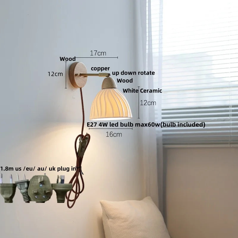 Copper Rotate LED Wall Lights with White Glass & Wood - Modern Nordic Design