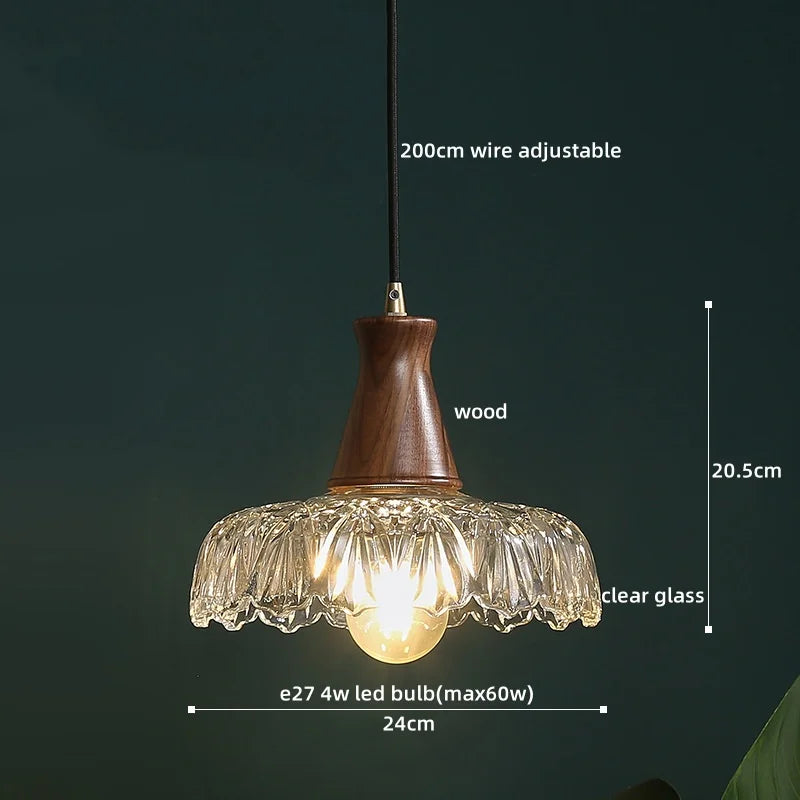 Wood Glass LED Pendant Lights Modern Hanging Lamp for Kitchen Living Room