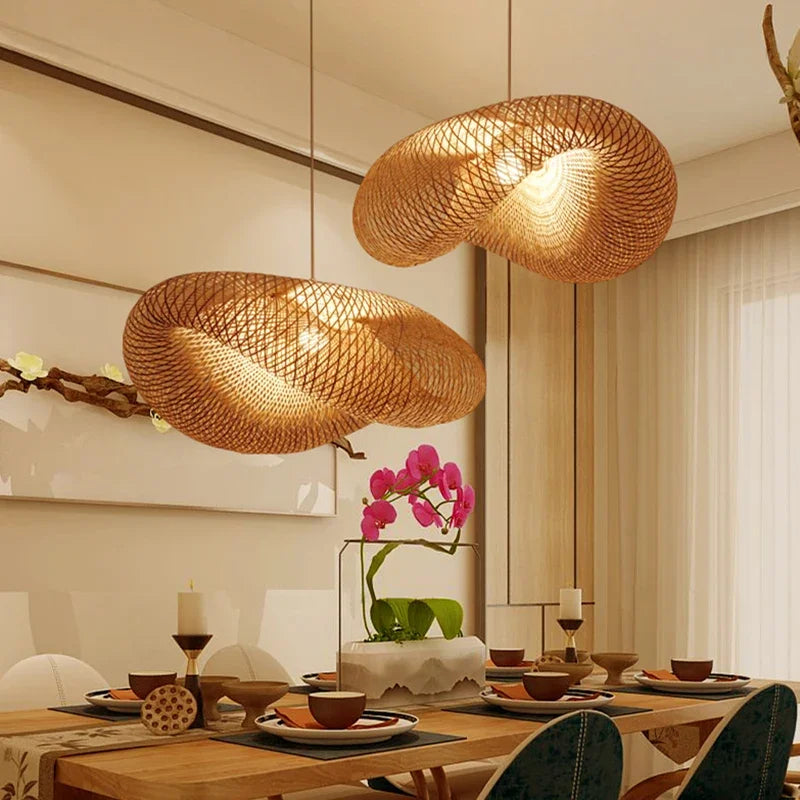 Bamboo Wave Pendant Lights - Handmade Rattan Shade for Indoor House Lighting