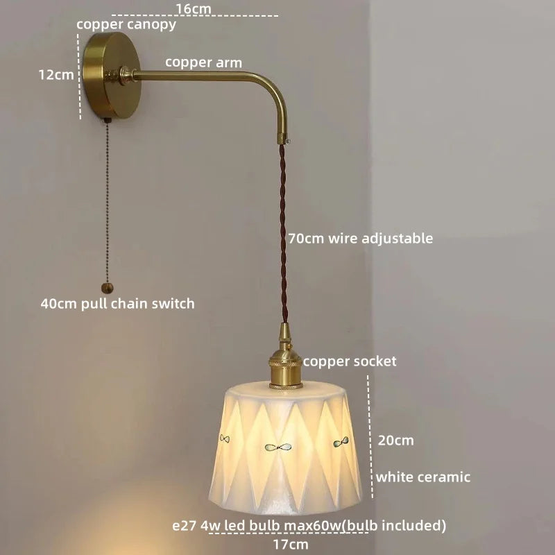 Ceramic Hand-painted LED Wall Light, Pull Chain Switch, Modern Bedside Lamp