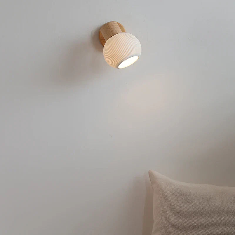 Afralia™ White Ceramic LED Wall Light with Pull Chain Switch and Wood Base