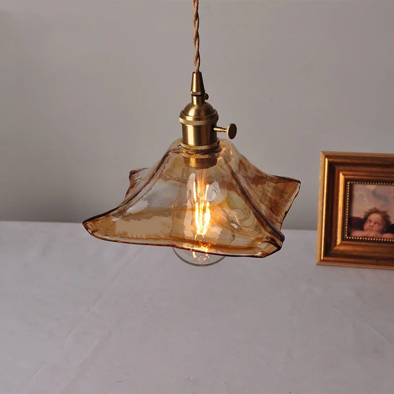 Amber Glass Pendant Light Fixture with Copper Knob Switch
