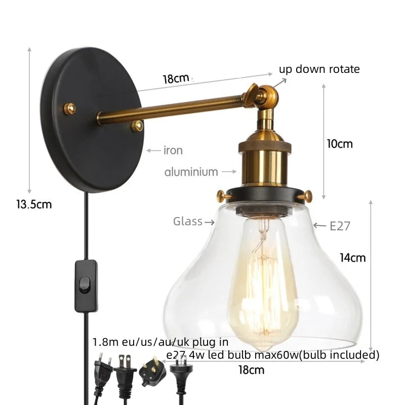 Afralia™ Gold LED Wall Sconces Iron Loft Retro Home Bedroom Lamp