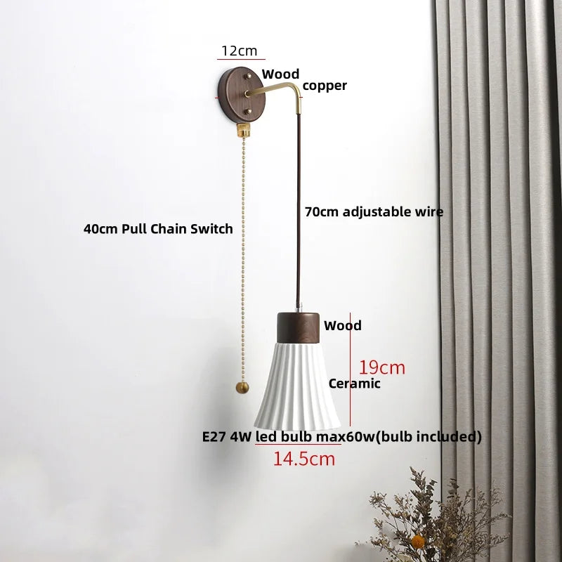Ceramic Wood Wall Sconce LED Light with Pull Chain Switch - Modern Nordic Style