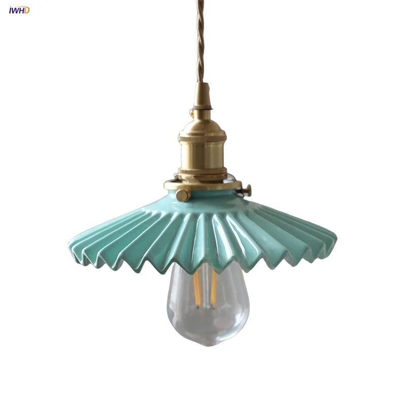 Afralia™ Nordic LED Pendant Light Walnut Wood Green Ceramic Hanging Lamp