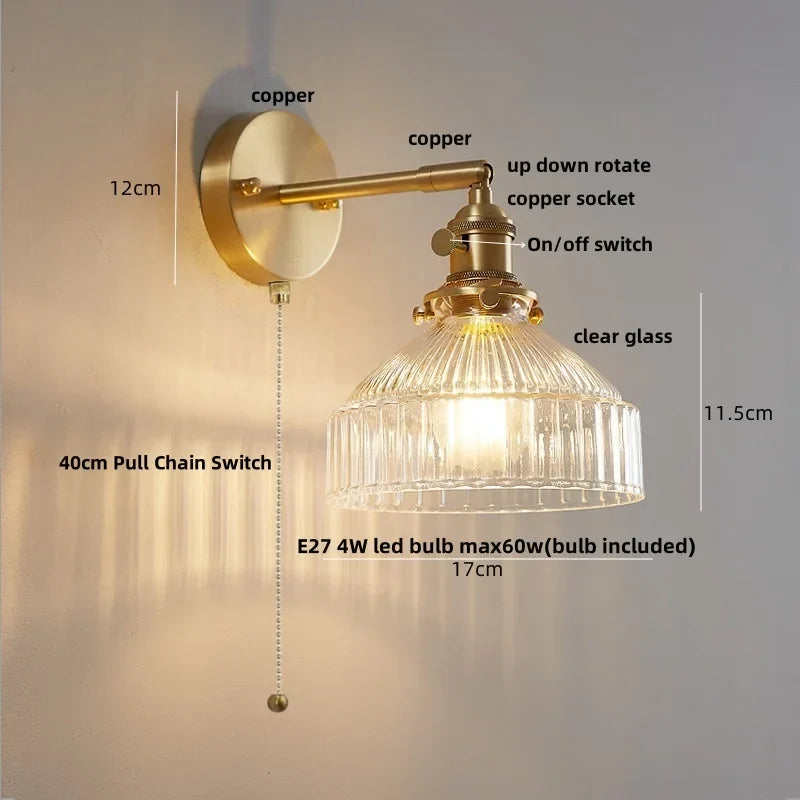 Clear Glass LED Wall Sconce with Pull Chain, Rotating Copper Socket