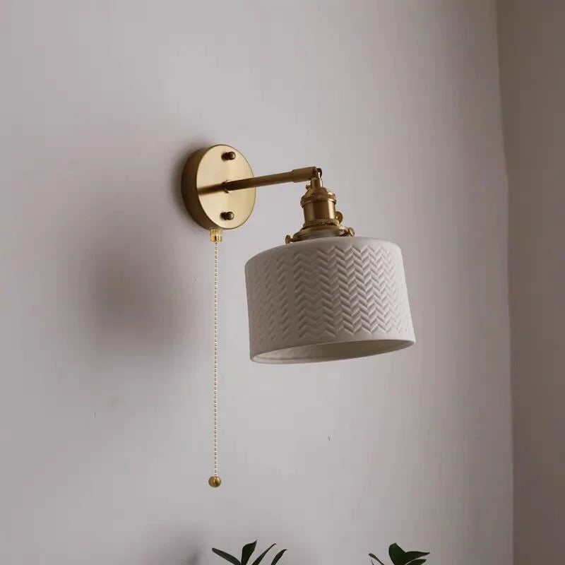 Copper LED Sconce Wall Lamp Pull Chain Switch Nordic Modern Ceramic Mirror Light