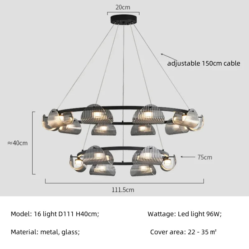 Smoky Gray Glass Chandelier LED Pendant Light for Luxe Dining Room