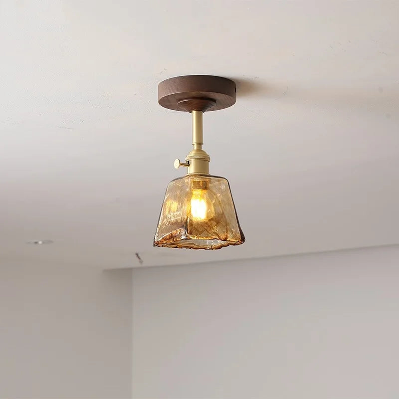 Amber Glass Copper LED Ceiling Light Fixture for Modern Home Decor