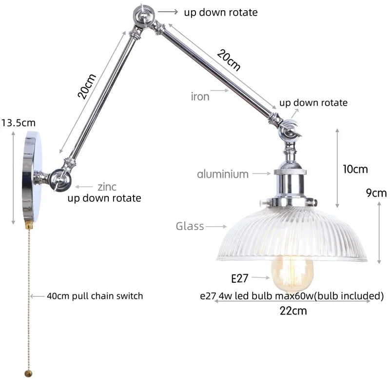 Chrome Industrial LED Wall Sconce Swing Arm Clear Glass Lamp