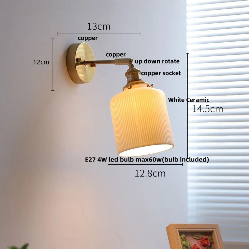 White Ceramic LED Wall Sconce with Pull Chain Switch & Rotate Copper Finish