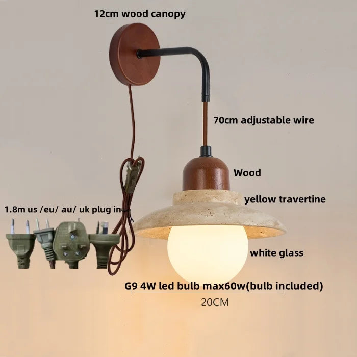Wood Canopy LED Wall Sconce Yellow Travertine Stone Pull Chain Switch