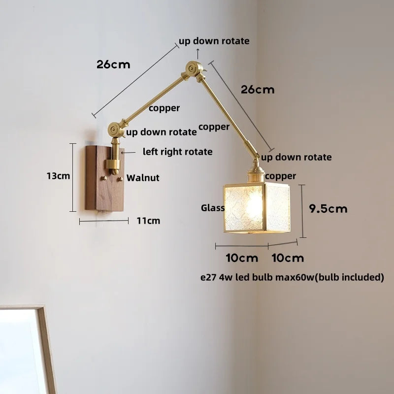 Wood Cube Glass LED Wall Lights with Pull Chain Switch for Modern Interiors