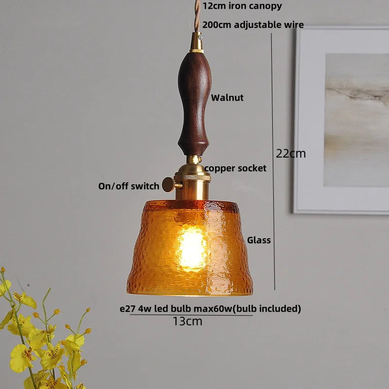 Walnut Wood Clear Glass LED Pendant Lamp - Nordic Modern Hanging Light