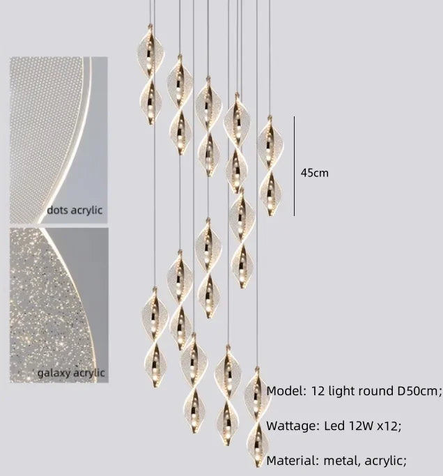 Spiral Gold LED Chandelier Acrylic Pendant Lights for Modern Bedside Stairs