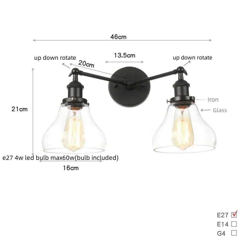 Black LED Wall Sconce 2-Head Lamp for Bedroom Bathroom Mirror