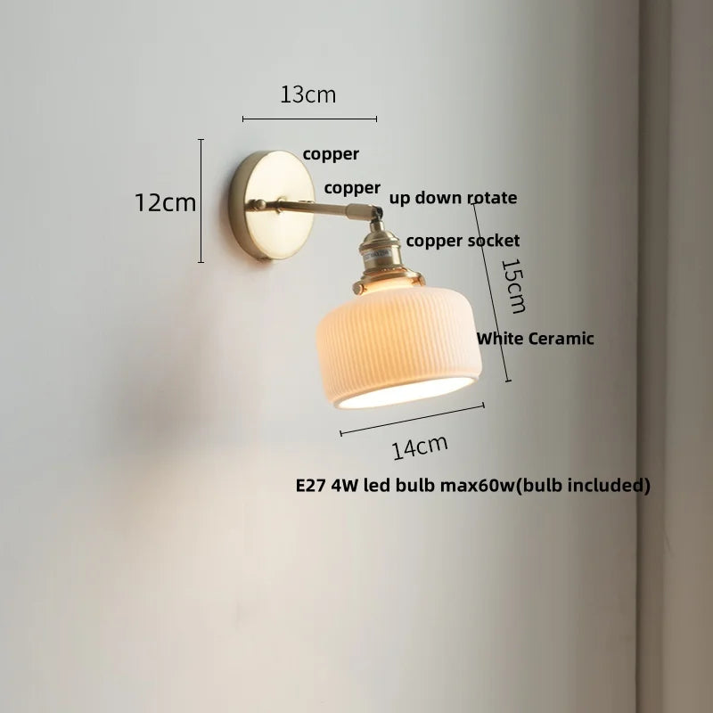 Copper Wall Light Fixture Bedroom Bedside Sconce White Ceramic Lamp