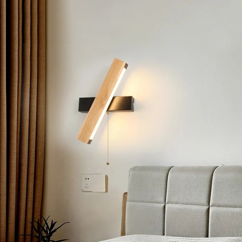 Afralia™ Rotatable Nordic LED Wall Sconce Pull Chain Wood Stair Light