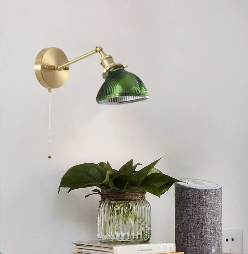 Green Glass LED Wall Sconce, Pull Chain Switch, for Bedside, Bathroom, Living Room