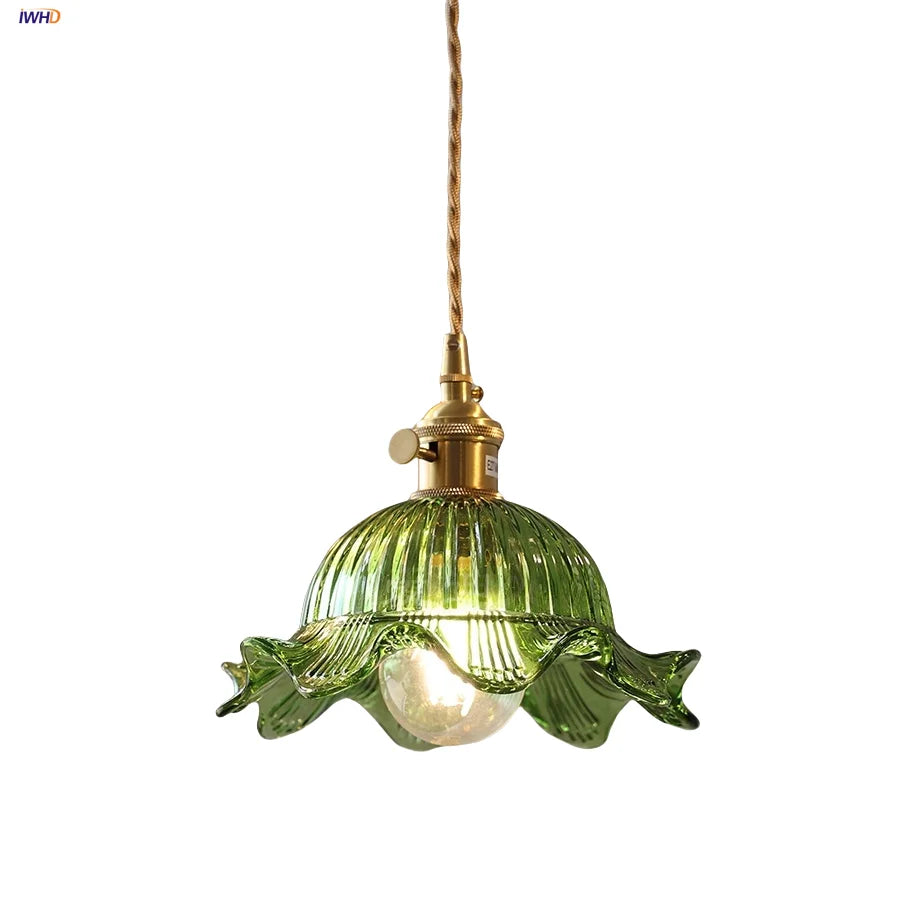 Afralia™ Vintage Green Glass Flower Knob Switch LED Pendant Lights, Copper Hanging Lamp