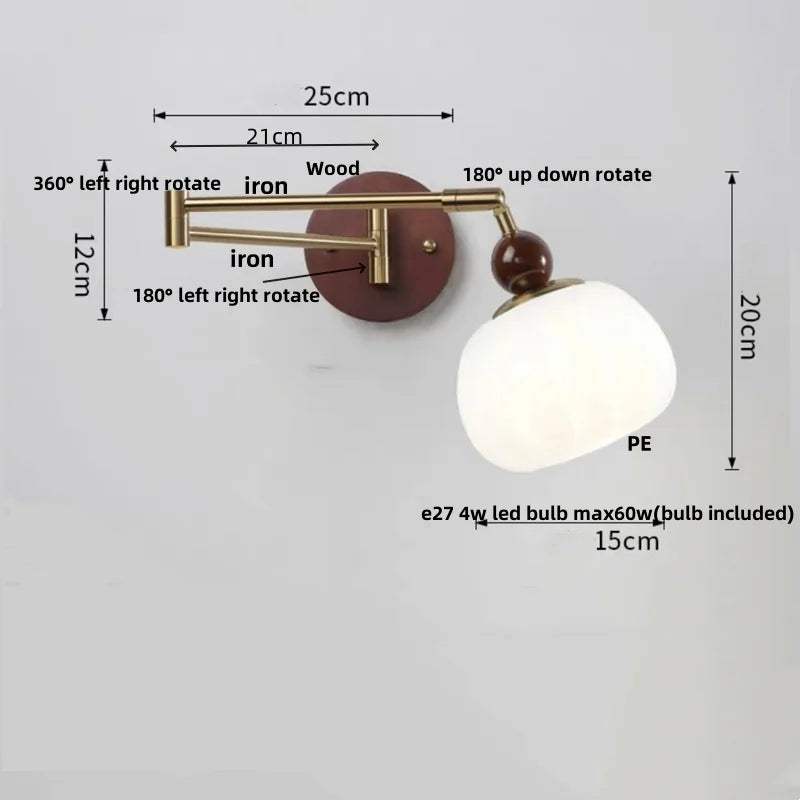 Modern Wood Wall Light with Swing Arm, Rotatable Design & Pull Chain Switch