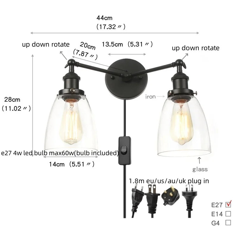 Black LED Wall Sconce 2-Head Lamp for Bedroom Bathroom Mirror