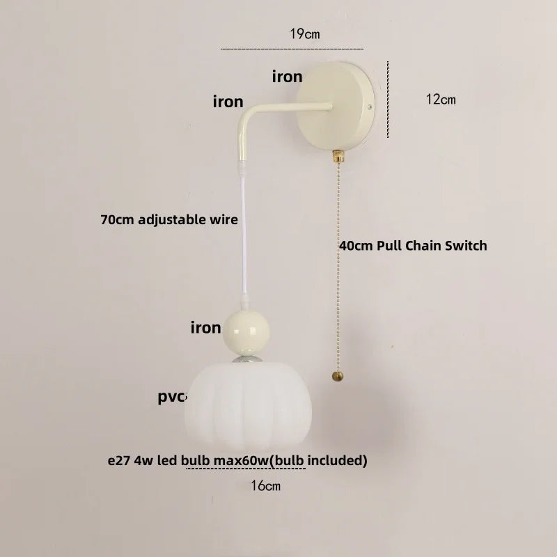 Iron Nordic LED Wall Light with Pull Chain Switch, Adjustable Glass Bedside Lamp